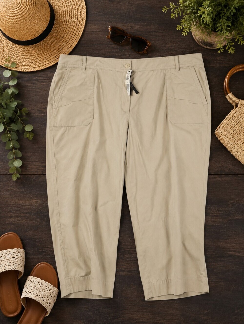 Talbots NWT HERITAGE Khaki Cropped Button Zip Cotton Casual Pants. Ladies 20W